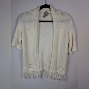 Chico's Womens Cream Fringe Open Cardigan Shrug Size0 Woven Y2K Eyelet Winter